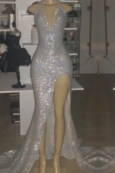 Sexy Low Cut Sequins Trumpet Front Slit Floor Length Prom Dresses | Suzhou UK Online Shop