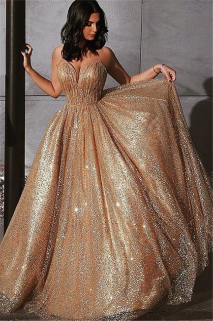 Champagne Elgant Fitted Spaghetti Straps Sexy Backless Open back Shining Sequins Exclusive Prom Dresses UK | New Styles
