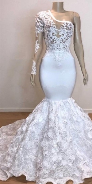 One Shoulder Lace Appliques Trumpet Prom Dresses with sleeve | Suzhou UK Online Shop