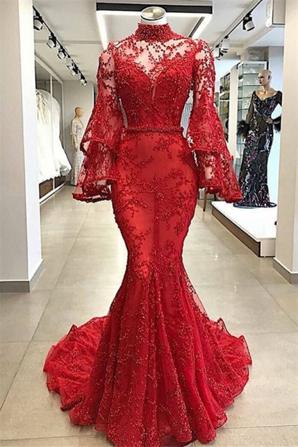 Gorgeous Ruby High Neck Sheer Tulle Sleeved Beading Mermaid Exclusive Prom Dresses UK | New Styles