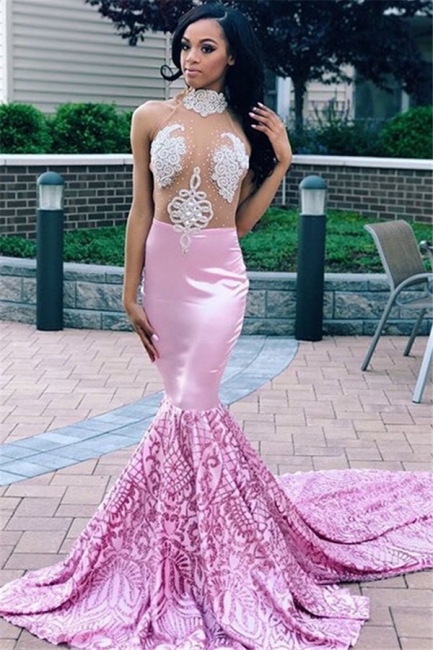 Flirty Pink Mermaid High Neck Sleeveless Sheer Tulle Applique Exclusive Prom Dresses UK | New Styles