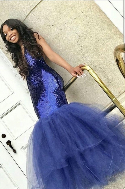 Sexy Navy Blue Trumpet Sequins Prom Dresses |  Quality Tulle Summer Sleeveless Sexy Low Cut Evening Dresses | Suzhou UK Online Shop