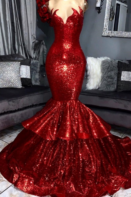 Sparkly Hot Ruby Mermaid Prom Dress Ruffles Long Evening Party Gowns