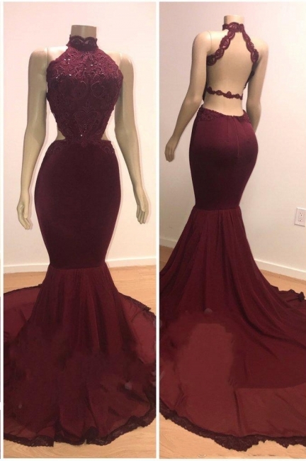 Lace Top High Neck Trumpet Long Wine Red Prom Dresses | Suzhou UK Online Shop