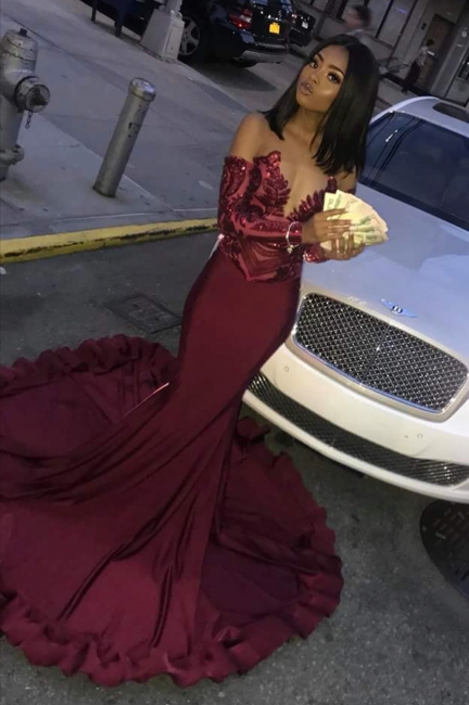 Sexy Wine Red Sequins Trumpet Prom Dresses |  Long Sleeves Evening Dresses On Sale | Suzhou UK Online Shop