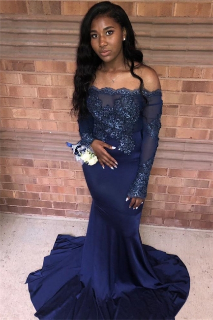 Navy Blue Appliques Long Summer Sleeveless Prom Dresses | Sexy Off The Shoulder Trumpet Evening Gowns | Suzhou UK Online Shop