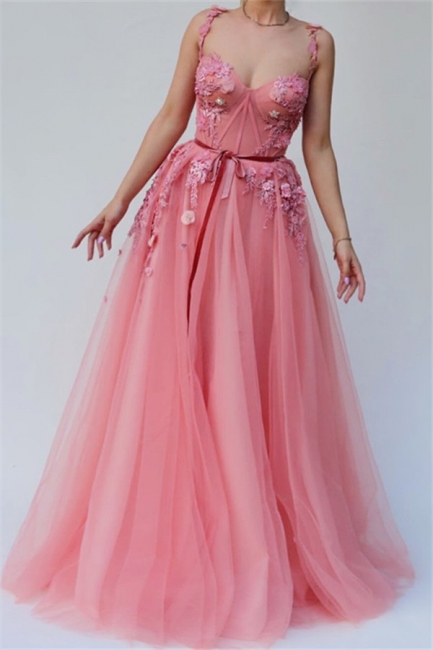 Pink Gorgeous Fitted Spaghetti Tulle Flower Applique Exclusive Prom Dresses UK | New Styles