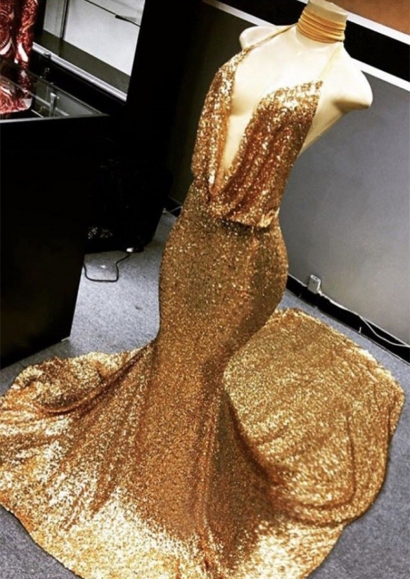 Gold Sparkly Sequined Deep Flow Neck Prom Dress | Halter Sexy Low Cut Trumpet Evening Dress | Suzhou UK Online Shop