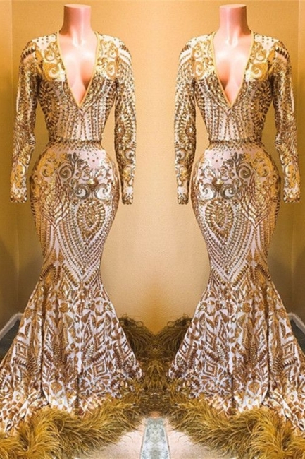 Stunning Sequins Long Sleeves Sexy Low Cut Trumpet Prom Dresses | Suzhou UK Online Shop