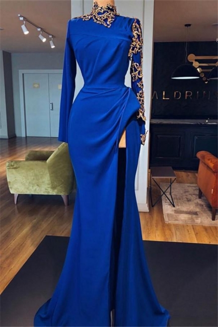 Royal Blue High Neck Side Slit Trumpet Prom Dresses | Elegant Long Sleeves Appliques Evening Gowns | Suzhou UK Online Shop