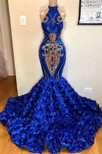 Royal Blue Halter Trumpet Prom Dresses | Glamour Summer Sleeveless Flowers Long Evening Gowns | Suzhou UK Online Shop