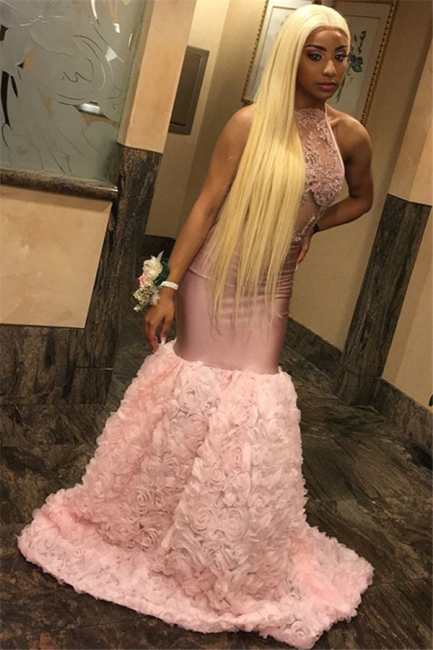 Pink Halter Lace Appliques Flower Prom Dresses | Sexy Mermaid Lace Sleeveless Evening Dresses