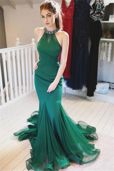 Green Halter Crystal Ruffles Prom Dresses Mermaid Sleeveless Tulle Sexy Evening Dresses