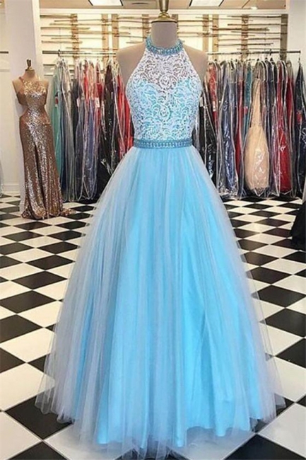 Glamorous Lace Appliques Halter Prom Dresses | Sheer Sleeveless Evening Dresses with Ribbons