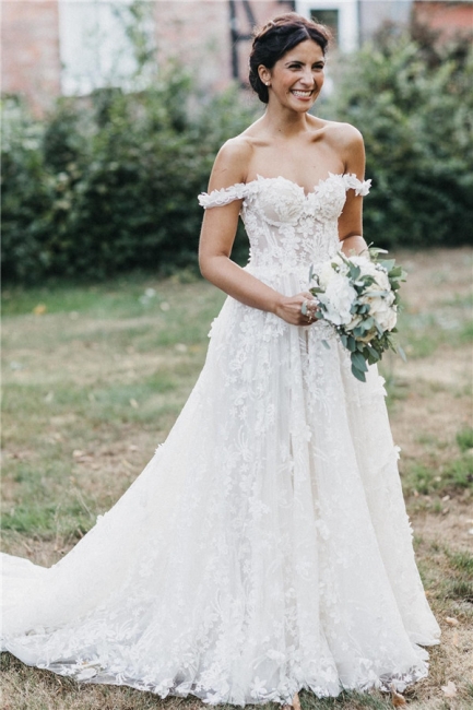 Sexy Flowers Off-the-Shoulder Wedding Dresses | Appliques Sheer Sleeveless Floral Bridal Gowns
