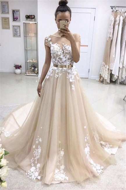Lace Appliques Jewel Prom Dresses | Ribbons Sheer Sleeveless Evening Dresses