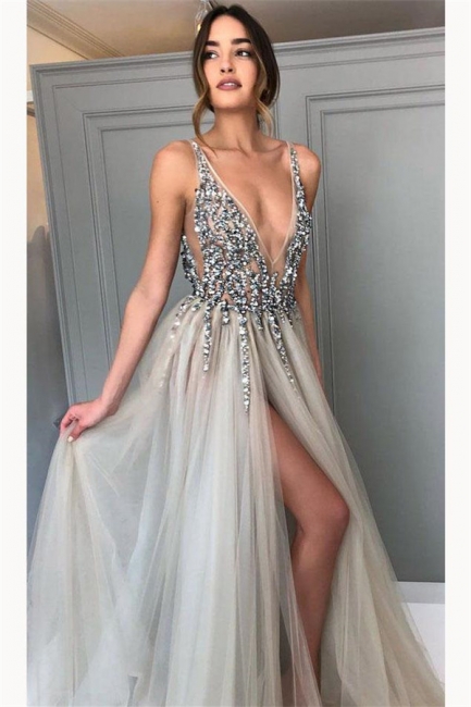 Glamorous Crystal V-Neck Prom Dresses | Side slit Sheer Sleeveless Evening Dresses