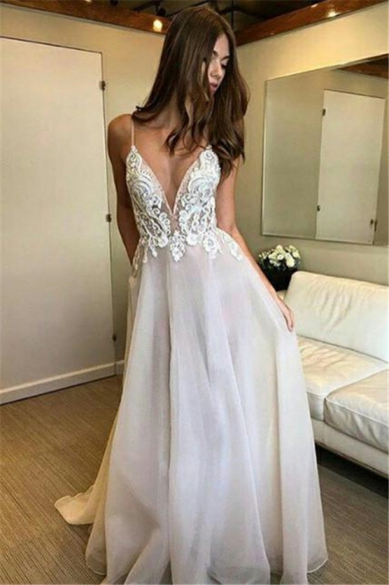 Glamorous Lace Appliques Spaghetti-Strap Prom Dresses | Backless Tulle Sleeveless Evening Dresses