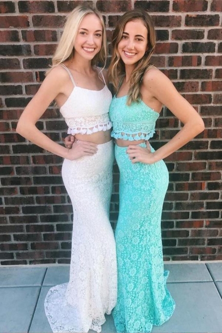 Lace Spaghetti-Strap Prom Dresses | Two Piece Sexy Mermaid Sleeveless Evening Dresses