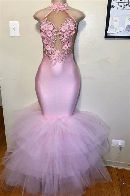Pink Halter Summer Sleeveless Flower Appliques Quality Tulle Trumpet Prom Dress | Suzhou UK Online Shop