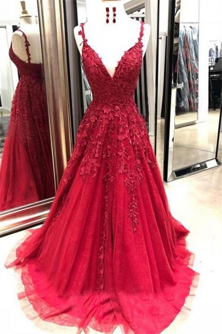 Glamorous Spaghetti Strap Applique Prom Dresses Red Tulle  Sleeveless Sexy Evening Dresses