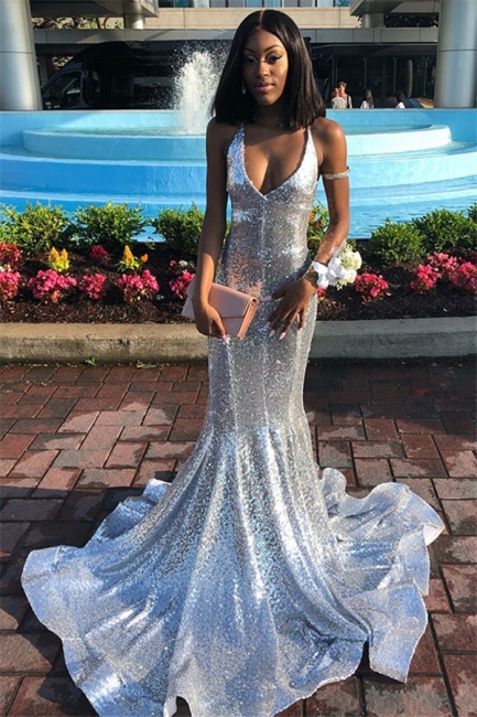 Sequins Halter Open Back Prom Dresses | Sexy Mermaid Falbala Sleeveless Evening Dresses