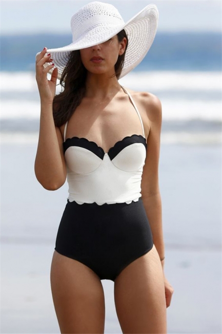 Halter One-piece Sweetheart Vintage Black White High Waist Beachwears