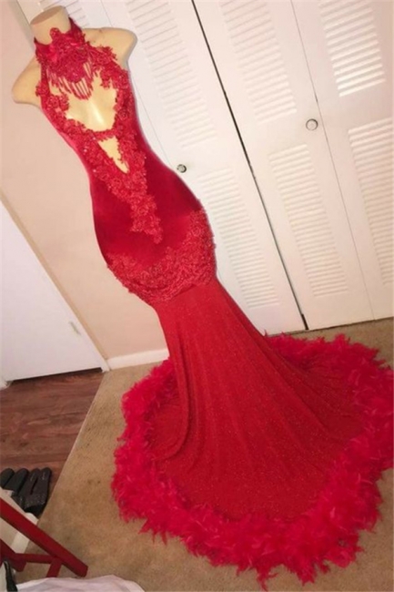 Red Halter Summer Sleeveless Feather Applique Trumpet Evening Gown | Suzhou UK Online Shop