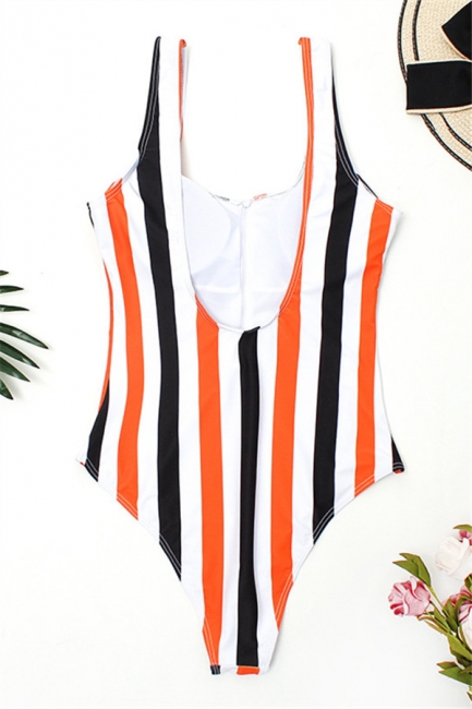 One-piece Zipper Stripes Straps Swimwear Suits
