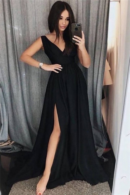 Black V-Neck Prom Dresses | Side slit Sleeveless Evening Dresses