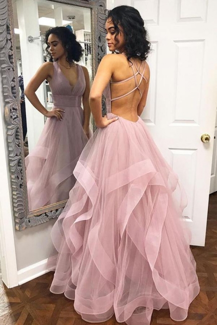 Glamorous Ribbons Straps Tiered Prom Dresses | Lace-Up Sleeveless Evening Dresses