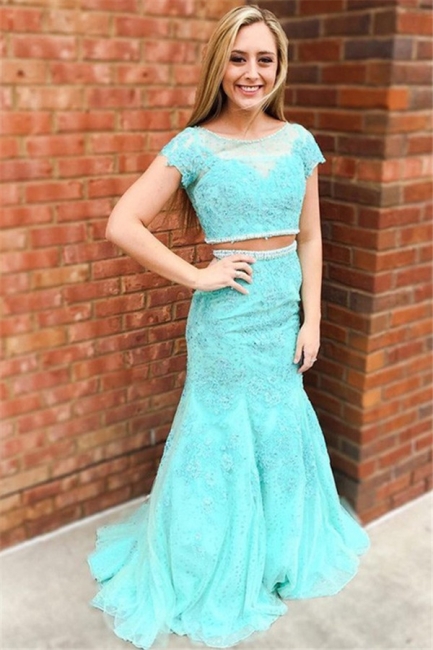 Glamorous Jewel Lace Appliques Two Piece Prom Dresses | Sexy Mermaid Sleeveless Evening Dresses