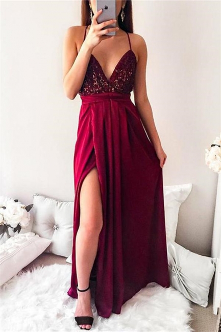 Sequins Lace Appliques Halter Prom Dresses | Side slit Sexy Mermaid Sleeveless Evening Dresses
