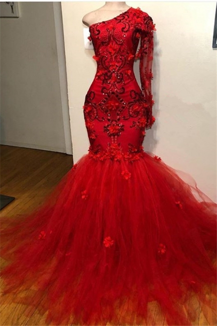 Elegant Red One-Shoulder Sleeved Appliques Trumpet Prom Dress | Suzhou UK Online Shop