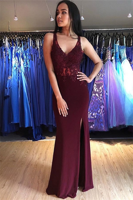 Burgundy Lace Appliques Sleeveless Open Back Prom Dresses | Sexy Mermaid Side Slit Evening Dresses with Beads Dresses