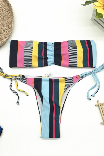 Colorful Bateau Strapless Sexy Two-piece Bikini Swimwears