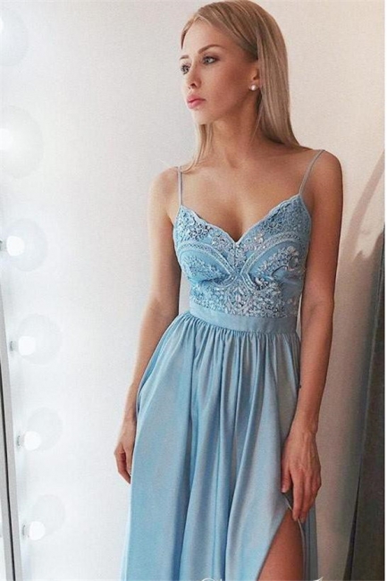 Lace Appliques Crystal Spaghetti-Strap Prom Dresses | Side slit Sleeveless Evening Dresses
