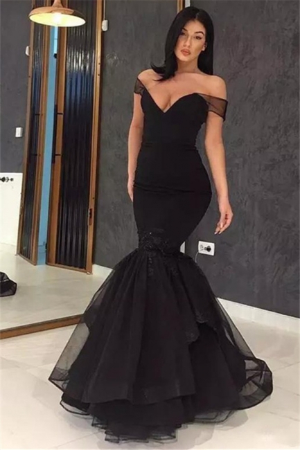 Black Off-the-Shoulder Applique Prom Dresses Ruffles Mermaid Sexy Evening Dresses