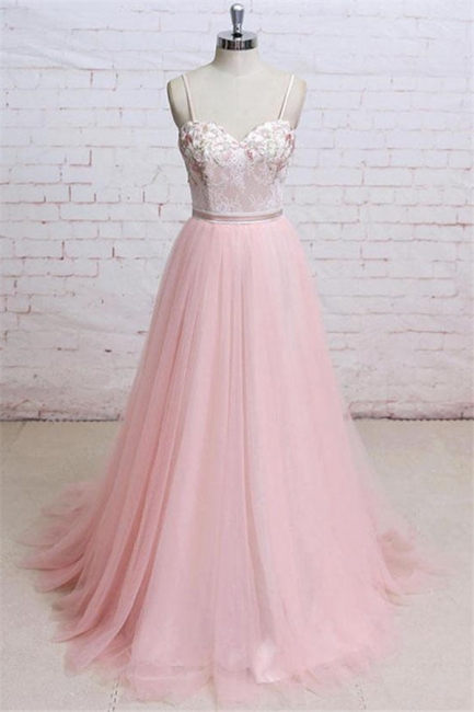 Glamorous Lace Appliques Spaghetti-Strap  Prom Dresses | Sheer Backless Bowknot Sleeveless Evening Dresses