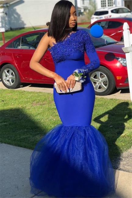 Royal Blue One-Shoulder Appliques Trumpet Evening Gown | Suzhou UK Online Shop