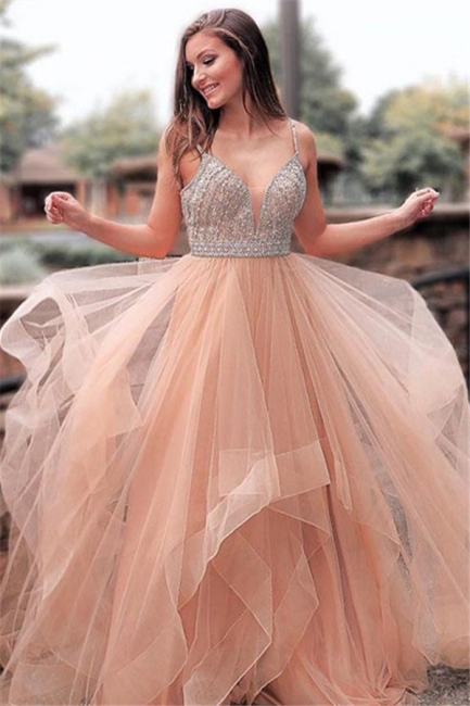 Romactic Pink Spaghetti Strap Crystal Prom Dresses Sleeveless Tulle Sexy Evening Dresses