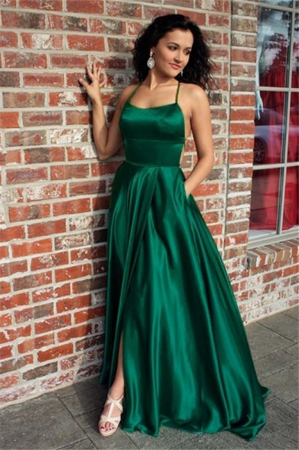 Green Lace Up Halter Prom Dresses | Front Slit  Evening Dresses with Package