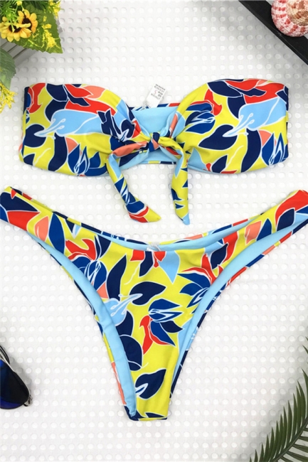 High Waist Strapless Colorful Patterns Two-piece Bikinis