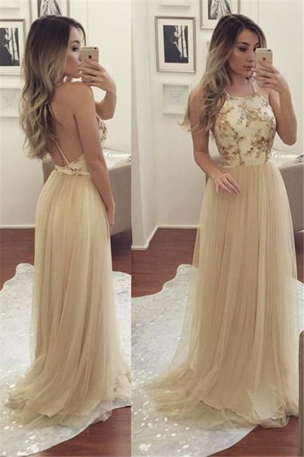 Glamorous Halter Sequins Lace Appliques Prom Dresses | Backless Sheer Sleeveless Evening Dresses