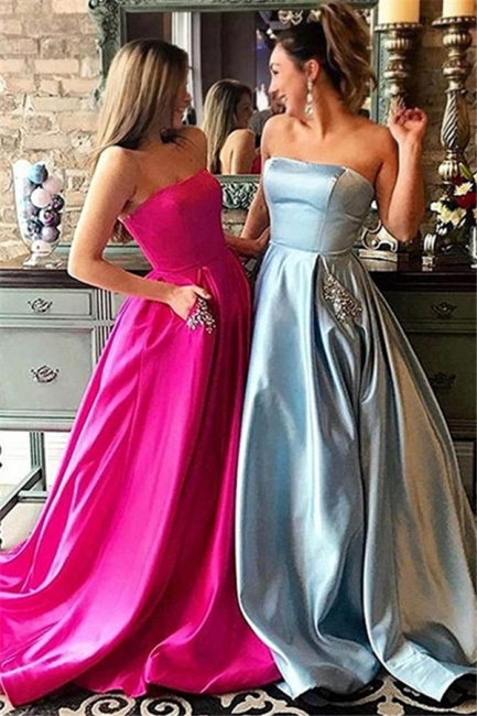 Strapless Beads Ruffles Prom Dresses Sleeveless Sexy Evening Dresses with Pocket