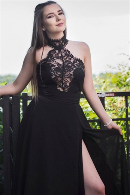 Black Lace Sleeveless Prom Dresses Tulle Side Slit Sexy Evening Dresses