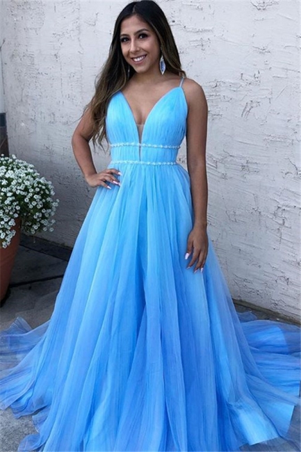 Sky Blue Spaghetti-Straps Princess A-line Quality Tulle Summer Sleeveless Prom Dress | Suzhou UK Online Shop