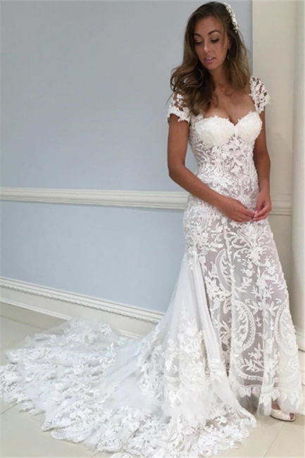 Sheer Appliques Lace Wedding Dresses | Sheer Cap Sleeves Floral Bridal Gowns