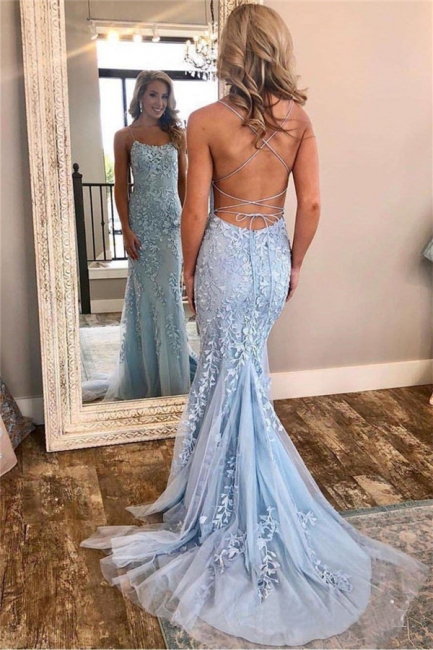 Glamorous Lace Appliques Spaghetti Strap Prom Dresses | Lace Up Sexy Mermaid Sleeveless Evening Dresses