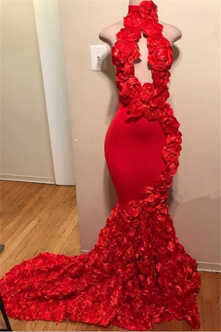 Elegant Red Halter Flower Summer Sleeveless Trumpet Prom Dress | Suzhou UK Online Shop